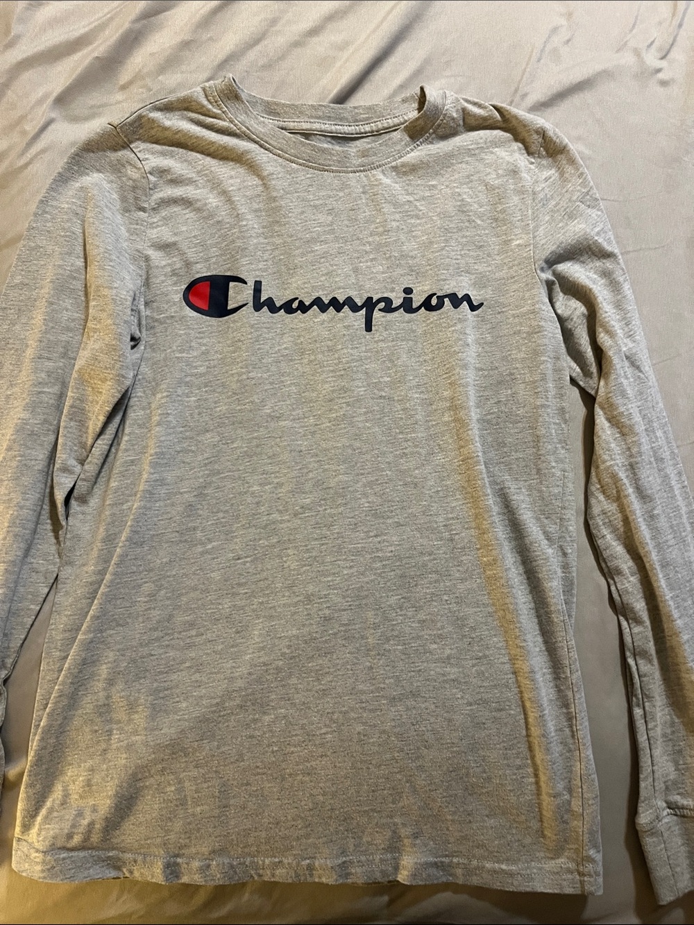 Champion Gray Long Sleeve Tee with Black Script & Red Crest